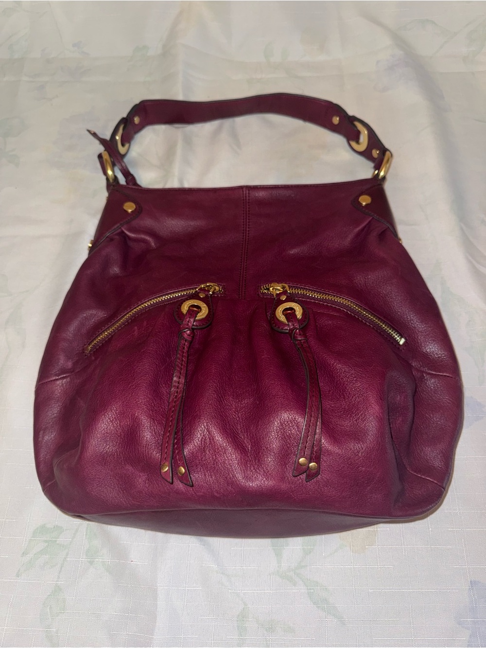 b. makowsky Deep Wine Leather Hobo Bag with Gold Hardware
